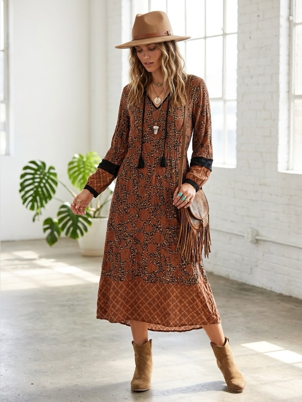 Yest Leopard Floral Mixed Print Long Sleeve Boho Tassel Midi Dress - US 6
